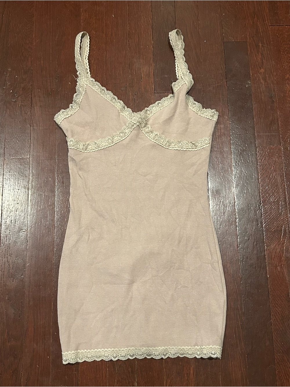 Garage Beige Slip Dress with Cream Lace Trim